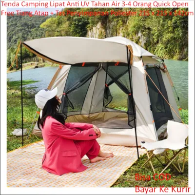 Tenda Camping Lipat Anti UV Tahan Air 3-4 Orang Dengan Fitur Quick Open Free Tiang Atap + Tas Penyimpanan Bahan Poliester 215 x 215 x 142 cm