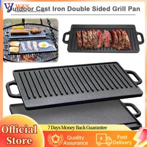 【Flagship】 Cast Iron Griddle Plate Double Sided Grill Plate with Double Handles Griddle Pan for Steaks Broil Bread Eggs Pancakes Vegetables
