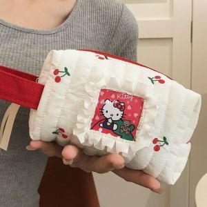 ผู้หญิง น่ารัก สวัสดี คิตตี้ กระเป๋าแต่งหน้าเครื่องสําอางกรณีกระเป๋ากระเป๋าเดินทางแบบพกพาอะนิเมะสาวออแกไนเซอร์จัดเก็บแบบพกพาแป้งกระ