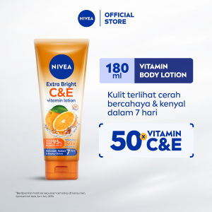 NIVEA Body Lotion Extra Bright C&E Vitamin Lotion UV Filter 180ml - Hand body serum lotion moisturizer mencerahkan kulit kusam badan glowing brightening tone up melembabkan kering - 50x Vitamin C & E UVA UVB Filter