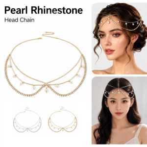 GRACETEN Multilayer Pearl Rhinestone Hairpin Chain Lightweight Rhinestone Embellishment Boho Tassel Head Chain Vintage Exotic Style Headpiece Jewelry Hair Chain