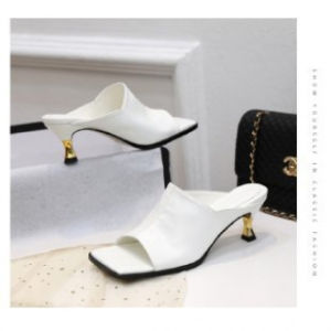 [Free Shipping] New Spring And Summer Collection: Square-Toe Stiletto-Heeled Mid-Heel Open-Toe Roman-Style Black Sandals Half-Slipper Style For Women Designed For Outdoor Wear