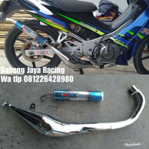 KNALPOT SATRIA 2TAK HIU RU LUMBA 120 R SAMPING CROME SELENCER BIRU