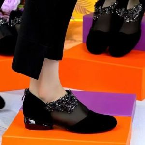 [Free Shipping] 2026 Summer Mesh Breathable Rhinestone Single Shoes Suede Hollow New WomenS Shoes Soft Sole MomS Leather Shoes Ladies Sandals