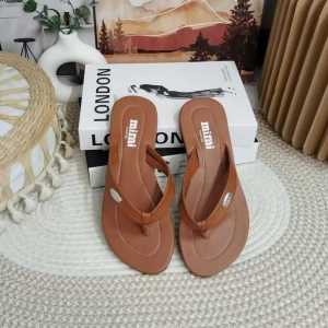 Brand: mimi Main product: Flip Flops Key attributes: Brown color beige straps flat sole