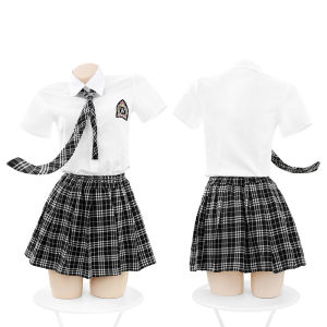 Women Uniform Students Cosplay Dress Girl Lingerie Sets Short British Plaid Top Skirt Transparent Jk Shirt Dress