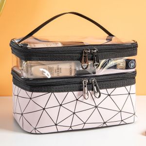 Double Layer Cosmetic Bag Large Make Up Storage Travel Cosmetic Bag Beg Wanita Kosmetik Beg PVC Pouch Travel Organizer 化妆包