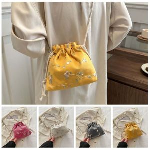 ESH63 Breathable Crossbody Drawstring Bag Hanfu Accessories Large Capacity Shoulder Embroidery Flower Bag Retro Foldable Cloth Pouch Women