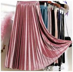 Rok Plisket Bludru Velvet Panjang Premium - Rok Plisket Wanita Korea Velvet Bludru Glossy Premium Lebar Panjang Tebal Mengkilat Umbrella Skirt