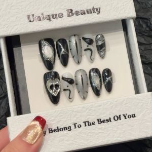 [5in1 Toolkit+HANDMADE]Black Python Eyes Sweet Cool Black Almond Fake Nails With Glue Phototpy Nails Press On Nails Reusable Waterproof