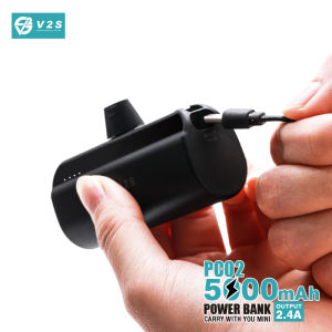 V2S PC02 2.4A Mini Power Bank 5000mah Built-In Cable Powerbank Pocket-Bar Type-C & iPhone Output