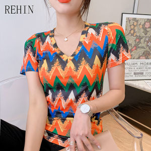 REHIN Womens T-shirt new summer fashion unique prints V-neck cotton short-sleeved T-shirts ripple print All-match bottoming shirt chic top