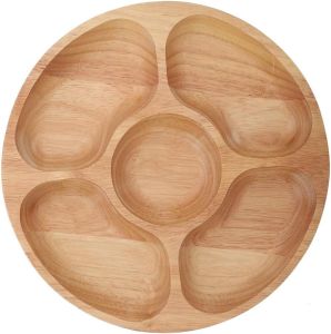 5 Sectional Tray Wooden Divided Serving Platter Dishes Round Food Serving Tray for Party Chip and Dip Serving Bowls for Appetizers Veggies Candy and Snacks Dessert Tableware Kitchen Decor (25cm)