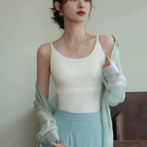 Maniyun Long Ice Silk Sling Camisole With Bra Padding Adjustable Strap Fixed-Cup One-piece Women Singlet Top Seamless Suspender