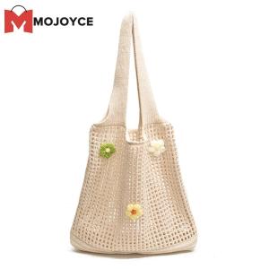 MOJOYCE Women Knitted Tote Bag Fashion Tote Handbags with Flower Decor Hollow Out Handbag Casual Beach Bag Outdoor Travel Bag
