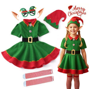 Girls 2026 Christmas Green Elf Costume Xmas Santa Claus Dress Kids Hat+Skirt+Socks Set Outfits Cosplay Clothing Xmas Gifts