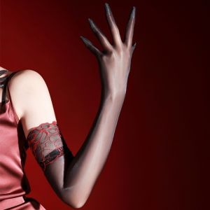 OUTOPEAN Lace Cuff Five Finger Gloves Oil Smooth Ultra-thin Mittens Women Stretchy Stockings Glove Sheer Nightclub
