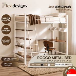 Flexidesignx ROCCO Single Loft Bed Metal Frame L-Shape Desk and Bookshelf Black/White