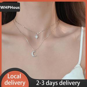[COD] WHPHous Ship within 24 hours Fashion Simple Double Layer Star Moon Pendant Necklace Light Luxury Inlaid Diamond Clavicle Chain For Women Fashion Jewelry