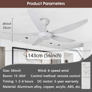Gogeous 52 inch white ceiling fan with light modern design simple style tricolor dimming 6 speed wind ceiling fan with led lights and remote 5 blades big for living room dinning room