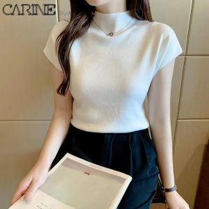 CARINE Áo phông dệt kim cho nữ áo thun co giãn màu trơn Áo ngắn tay cổ rùa Phong cách giản dị Hàn Quốc