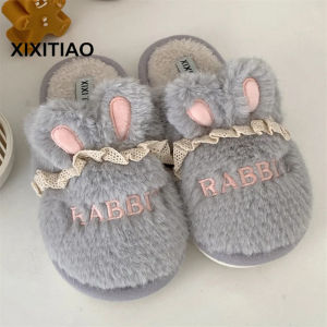 XIXITIAO Womens Leisure Pajamas Indoor Soft Bottom Cotton Slippers Cute Cartoon Teenage Girl Heart Warm Rabbit Ear Plush Slippers Air-Conditioned Room Cotton Slippers Indoor Soft Bottom Cotton Slippers