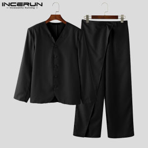 Nam hiệu incerun phong cách đơn giản Bộ V cổ nút lên tay áo dài Blazer chắp vá quần ống rộng phù hợp với (phong cách Hàn Quốc) #241108