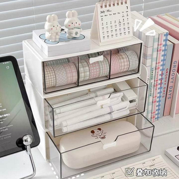 Pastel Ribbon Pink White Stackable Drawer Desk Organizer Drawer Storage ...