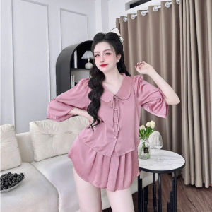 Set Lụa latin Cổ Sen Áo Croptop Cúc Bọc tay lỡ Quần Đùi giả Váy Xòe có túi phom 45-65kg