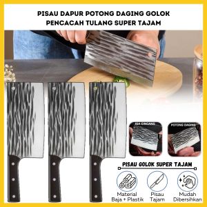 Pisau Dapur Pemotong Daging Sayur Buah Super Tajam / Chef Knife Japanese / Piso Koki Jepang Bahan Baja Stainless Tebal Anti Karat / Golok Alat Potong Cacah Cincang Tulang Iga Ikan Ayam Tukang Pasar Serbaguna Rekomendasi Berkualitas - GP Mall