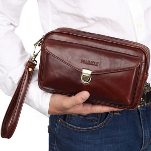 PIUNCLE Brand Genuine Leather Mens Clutch Bags Hand Bags Women Casual Money Purses and Handbags Small Business Office Bags Large Capacity Double Zipper Wallet Vintage Cowhide Shoping Bag Soft Leather Mobile Phone Pouch Money Pocket