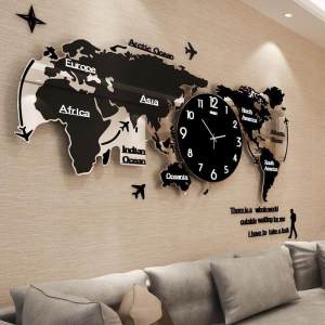 Minimalist Nordic Series World Map Clock Hot Sale Morden Home Living Room Large Clocks Simple and Fashion Creative Vintage Wall Clock Decorations with 3D Wall Sticker