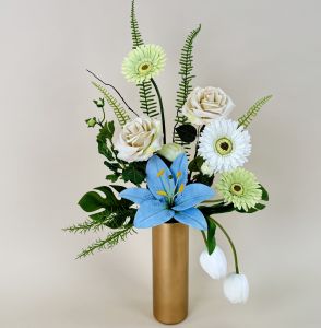 แจกันดอกไม้ประดิษฐ์ โทนเขียวฟ้า ดอกไม้ตกแต่งบ้าน ดอกไม้ปลอมพร้อมแจกัน