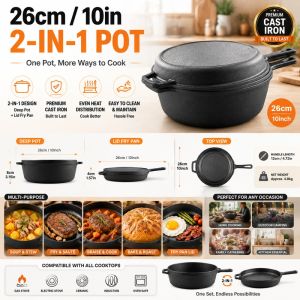 SHANBEN Cast Iron Dual Use Pot 10 Inch 26cm Household Cooking Pan with Lid Heat Resistant Handle Suitable for Gas Open Fire & Oven