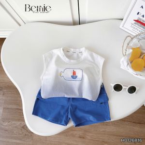 Set áo tanktop Sailor loang xanh kèm quần short bé trai đi chơi đi biển 1 tới 7 tuổi BERNIE H0126B16