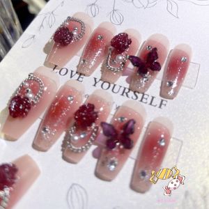 YADORNOS 24Pcs Manikur Blush Kupu-kupu Burgundy - Manikur Lukisan Semprot Rantai Kupu-kupu 3d Panjang - Buatan Tangan - Dapat Dilepas dan Digunakan Kembali