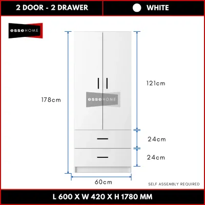 [178CM] EsseHome 2 Door 2 Drawer Wardrobe Cabinet Cupboard Storage Almari Baju Almari 2 Laci