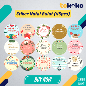 Stiker Natal Segel Kemasan Toples isi 45 pcs 3cm 15 motif Bahan Cromo Glossy Nataru anti air