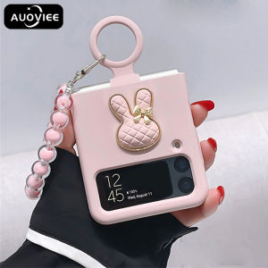 AUOVIEE Korean Cute 3D Rhombus Bunny Rabbit Ring Solid Case with Beads Chain for Samsung Galaxy Z Flip 3 4 5G Z Flip3 Flip4 Zflip3 Cover