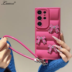 Cute Bowknot Down Jacket Lanyard Case for Samsung Galaxy S25 S24 S23 S26 Ultra S22 Plus S21 FE A55 A35 A15 A16 Wrist Strap Cover