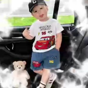 EST20A48 OOTD PRINTED MCQUEEN CAR COTTON T-SHIRT TERNO DENIM SHORTS FOR BOYS -1-7YO