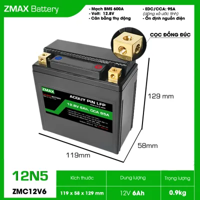 Bình Acquy ZMax Pin Lithium LifePO4 12V 6ah ZM12V6-12N5 Dùng Cho Xe Máy