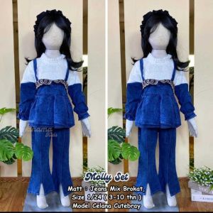 ( Gratis Bando Karakter ) Setelan MOLLY Anak Perempuan Jeans Was Mx Brukat Usia 3 - 12 Tahun / Molly Set Jeans Brukat  Model Celana Cutebray Terbaru 2025 Harga Termurah Grosir Bisa COD - Rumah Fashion