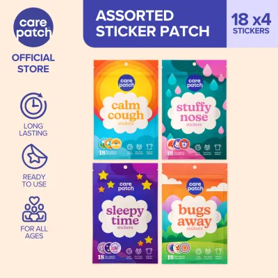 Carepatch Assorted Sticker Patch Set of 4 - Calm Cough Stuffy Nose Bugs Away Mosquito Repellent Sleepy Time for Kids and Adults - 18 x4 Stickers