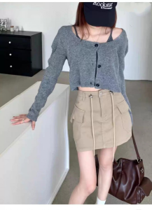 Rok pendek serbaguna retro gaya Korea musim panas rok denim pinggang tinggi untuk wanita