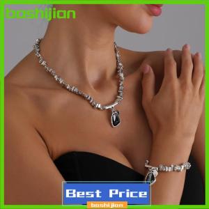 bashijian 1 2Pcs Fashion Elegant Metal Pendant Necklace Irregular Necklaces Bracelet Cutting Metal Glitter Pendant Creative Jewelry Set
