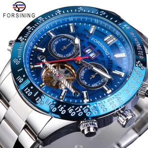 Forsining Automatic Watch Fashion Casual Mens Watch Date Waterproof Blue Dial Stainless Steel Top Brand Fashion Clock. Authentic 100%