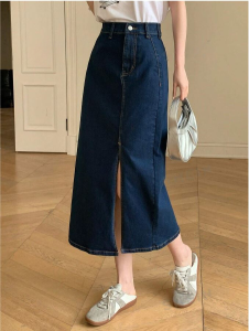 Y2K 90s Retro Maxi Denim Skirt Vintage Wash Maong Jeans Korean Style Skirt With Slit Palda Beepop