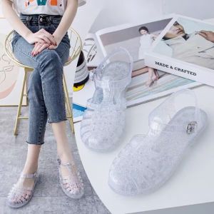 【Ready Stock】New Openwork sandals womens flat non-slip crystal cave shoes wearin
