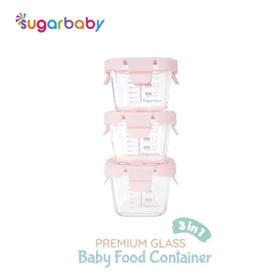 SugarBaby Premium Glass Jar Baby Food Container 3 pcs Bayi Silicone Lid & Plastic Lid